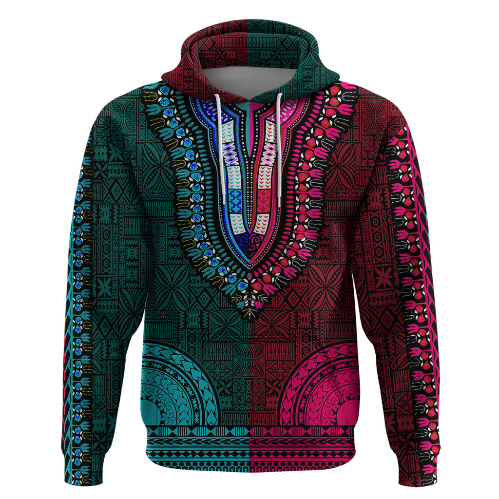 African Dashiki Hoodie With Tapa Pattern Half Teal and Pink LT9 Pullover Hoodie Teal and Pink - Polynesian Pride