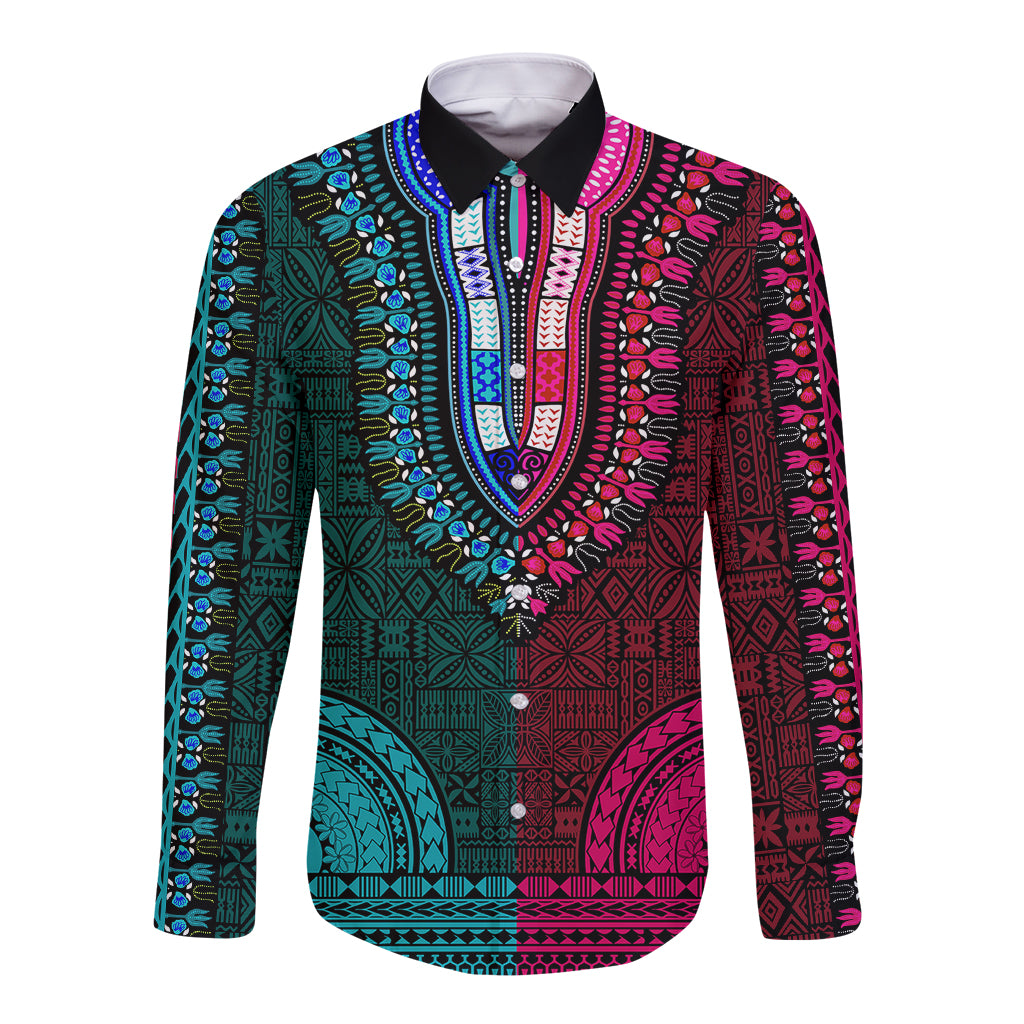 African Dashiki Long Sleeve Button Shirt With Tapa Pattern - Half Teal and Pink LT9 Unisex Teal and Pink - Polynesian Pride