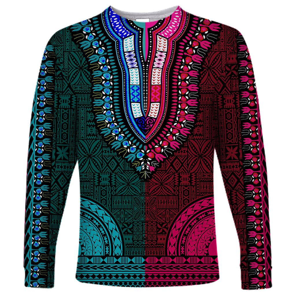 African Dashiki Long Sleeve Shirt With Tapa Pattern - Half Teal and Pink LT9 Unisex Teal and Pink - Polynesian Pride