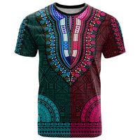African Dashiki T Shirt With Tapa Pattern Half Teal and Pink LT9 Teal and Pink - Polynesian Pride