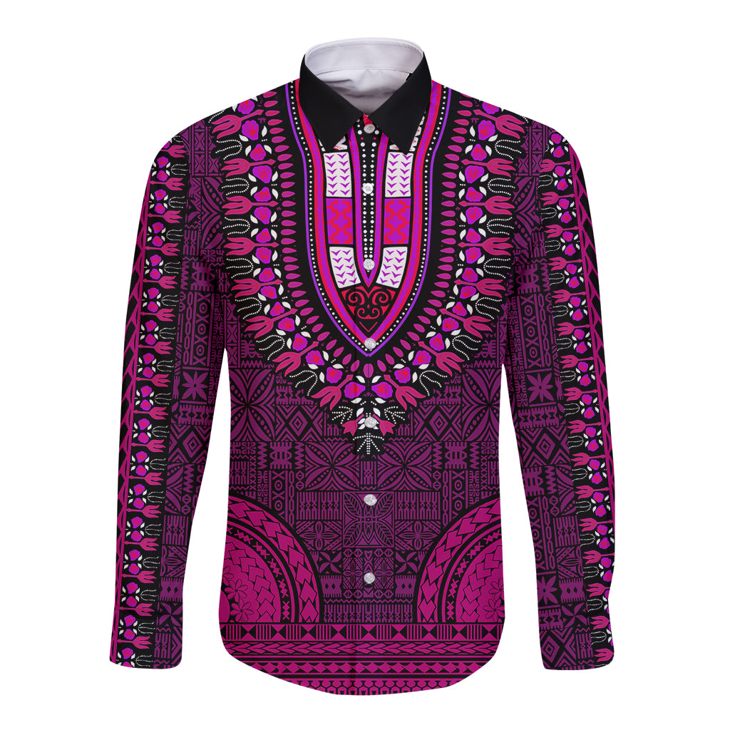 African Dashiki Long Sleeve Button Shirt With Tapa Pattern - Pink LT9 Unisex Pink - Polynesian Pride