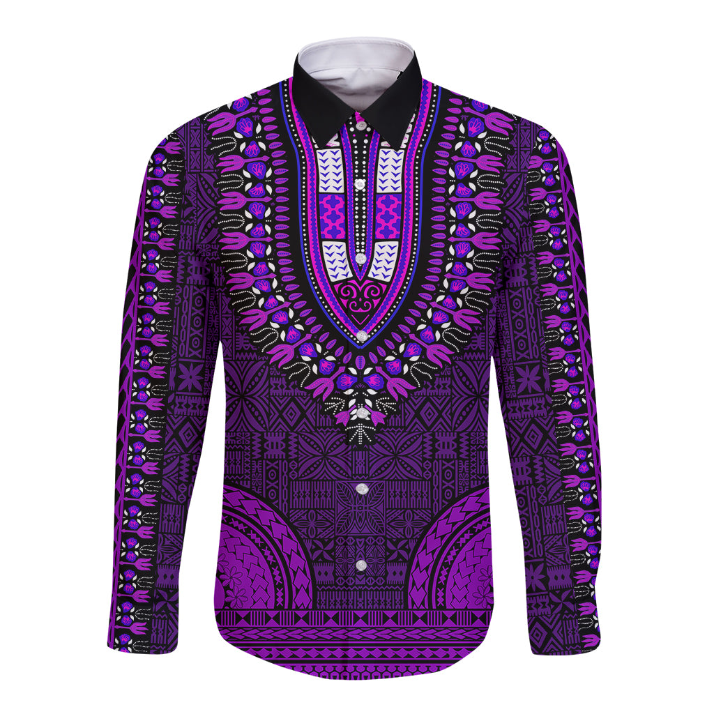 African Dashiki Long Sleeve Button Shirt With Tapa Pattern - Purple LT9 Unisex Purple - Polynesian Pride
