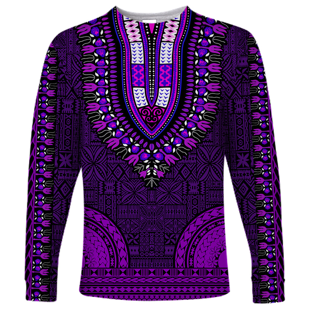 African Dashiki Long Sleeve Shirt With Tapa Pattern - Purple LT9 Unisex Purple - Polynesian Pride