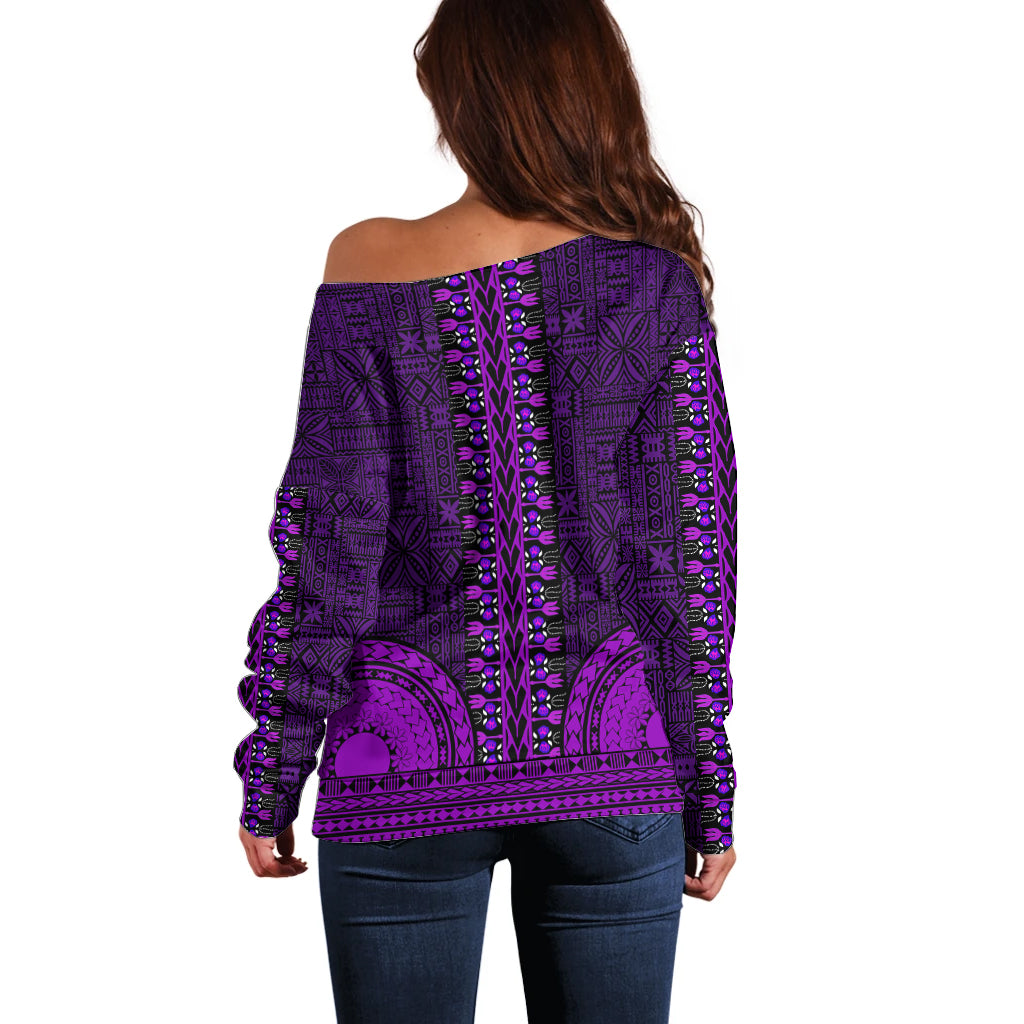 African Dashiki Off Shoulder Sweater With Tapa Pattern - Purple LT9 - Polynesian Pride
