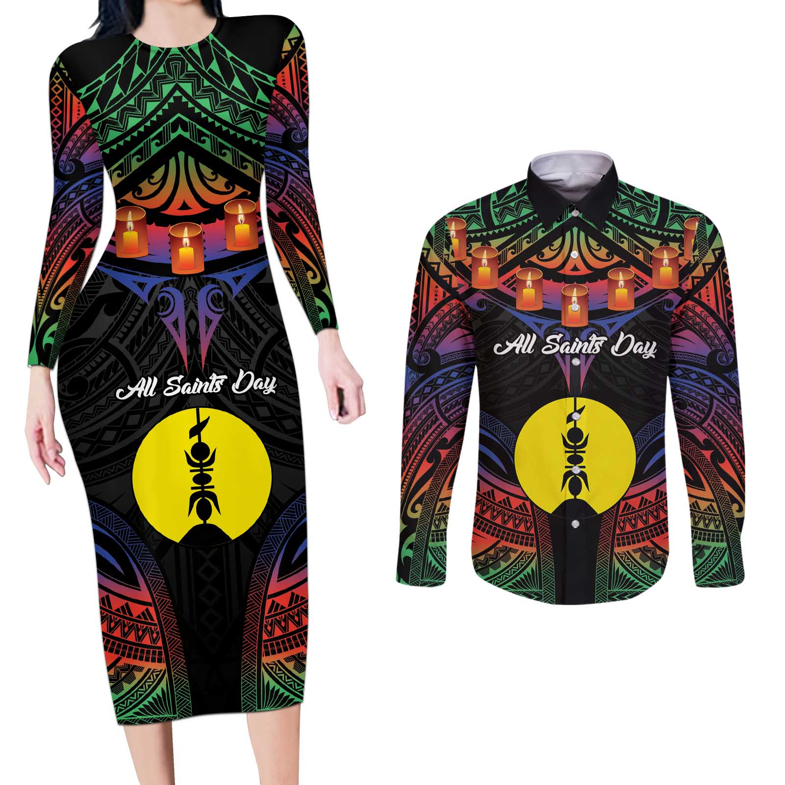 Personalised New Caledonia All Saints Day Couples Matching Long Sleeve Bodycon Dress and Long Sleeve Button Shirt Candle Light with Polynesian Style