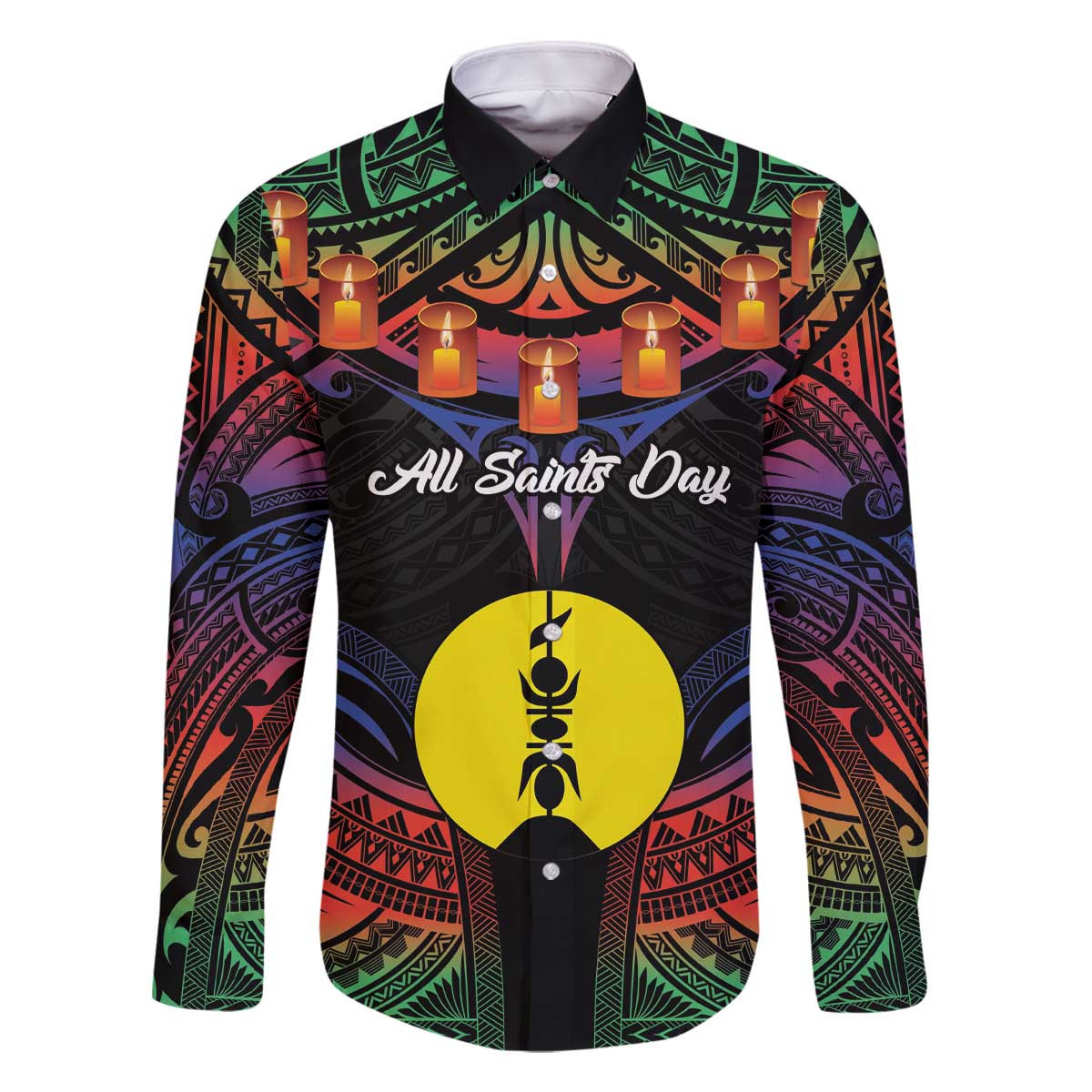 Personalised New Caledonia All Saints Day Family Matching Off The Shoulder Long Sleeve Dress and Hawaiian Shirt Candle Light with Polynesian Style