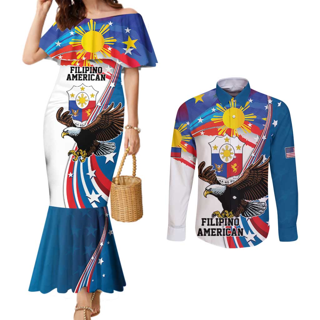 Personalized Filipino-American Couples Matching Mermaid Dress and Long Sleeve Button Shirt The Eight-Rayed Sun with Bald Eagle LT9 Blue - Polynesian Pride
