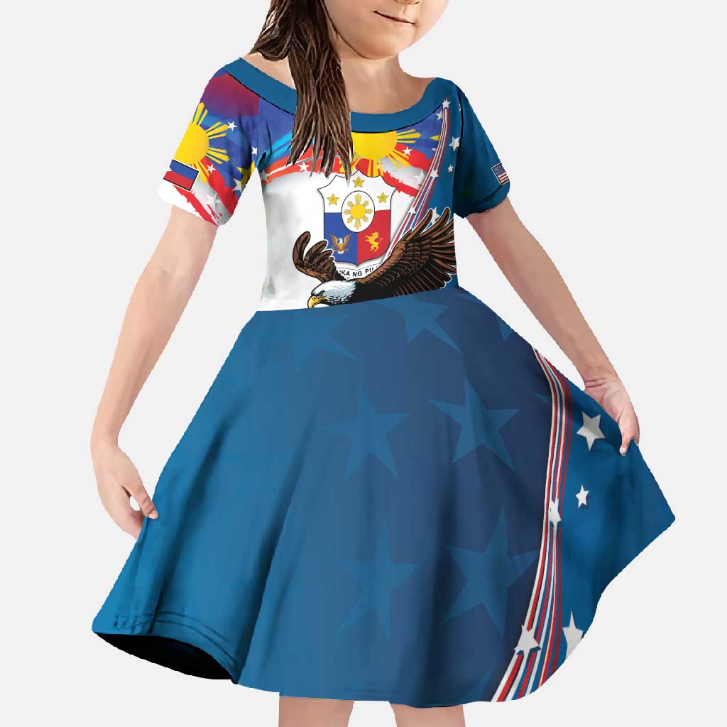 Personalized Filipino-American Family Matching Long Sleeve Bodycon Dress and Hawaiian Shirt The Eight-Rayed Sun with Bald Eagle LT9 Daughter's Dress Blue - Polynesian Pride