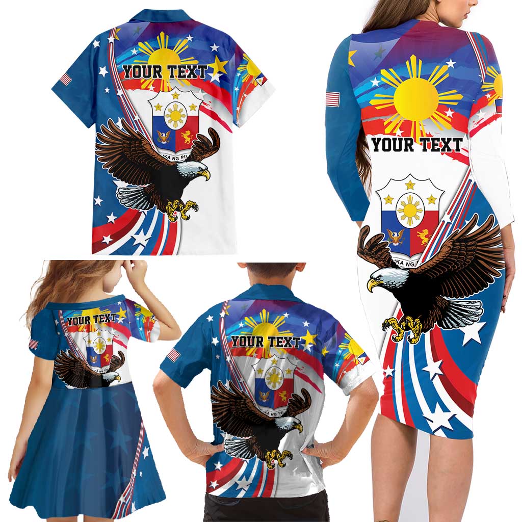 Personalized Filipino-American Family Matching Long Sleeve Bodycon Dress and Hawaiian Shirt The Eight-Rayed Sun with Bald Eagle LT9 - Polynesian Pride