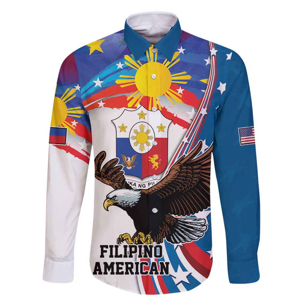 Personalized Filipino-American Family Matching Long Sleeve Bodycon Dress and Hawaiian Shirt The Eight-Rayed Sun with Bald Eagle LT9 Dad's Shirt - Long Sleeve Blue - Polynesian Pride