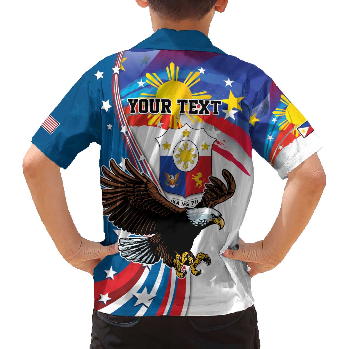 Personalized Filipino-American Family Matching Off Shoulder Short Dress and Hawaiian Shirt The Eight-Rayed Sun with Bald Eagle