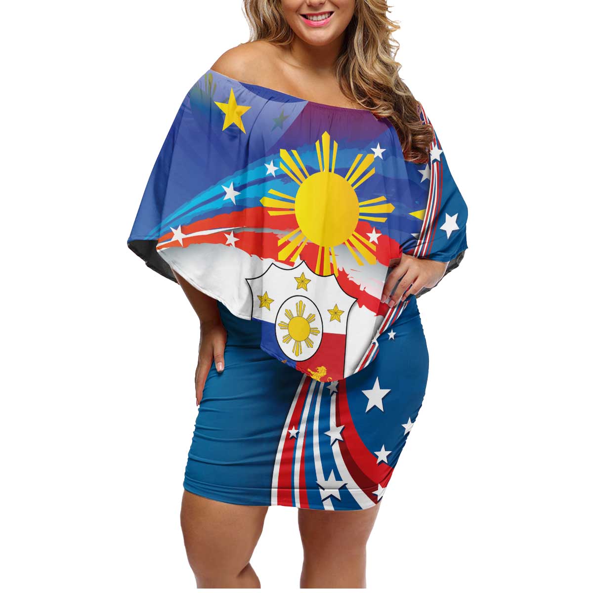 Personalized Filipino-American Family Matching Off Shoulder Short Dress and Hawaiian Shirt The Eight-Rayed Sun with Bald Eagle