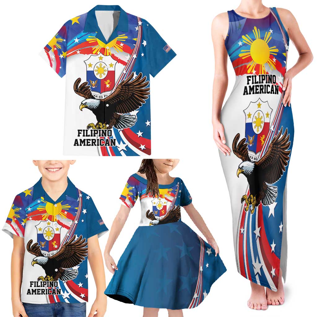 Personalized Filipino-American Family Matching Tank Maxi Dress and Hawaiian Shirt The Eight-Rayed Sun with Bald Eagle