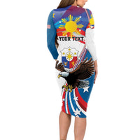 Personalized Filipino-American Long Sleeve Bodycon Dress The Eight-Rayed Sun with Bald Eagle LT9 - Polynesian Pride