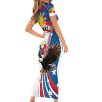 Personalized Filipino-American Short Sleeve Bodycon Dress The Eight-Rayed Sun with Bald Eagle LT9 - Polynesian Pride