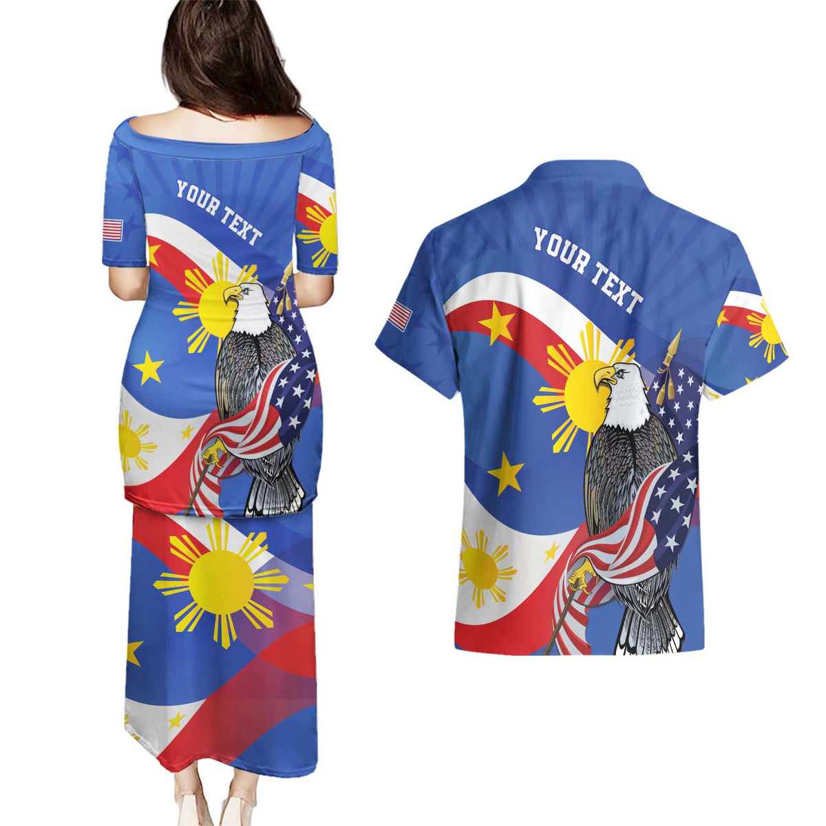 Personalized Filipino-American Couples Matching Puletasi and Hawaiian Shirt Philippines Coat Of Arms with Bald Eagle