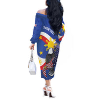 Personalized Filipino-American Off The Shoulder Long Sleeve Dress Philippines Coat Of Arms with Bald Eagle