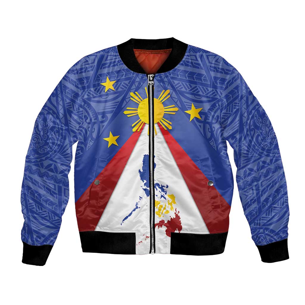 Personalized Pilipinas Eight-Rayed Sun Bomber Jacket Philippines Map With Polynesian Style