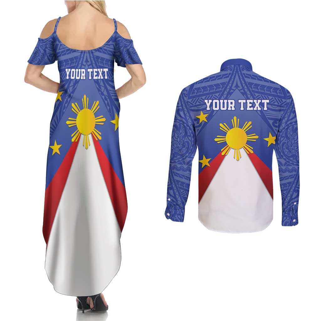 Personalized Pilipinas Eight-Rayed Sun Couples Matching Summer Maxi Dress and Long Sleeve Button Shirt Philippines Map With Polynesian Style