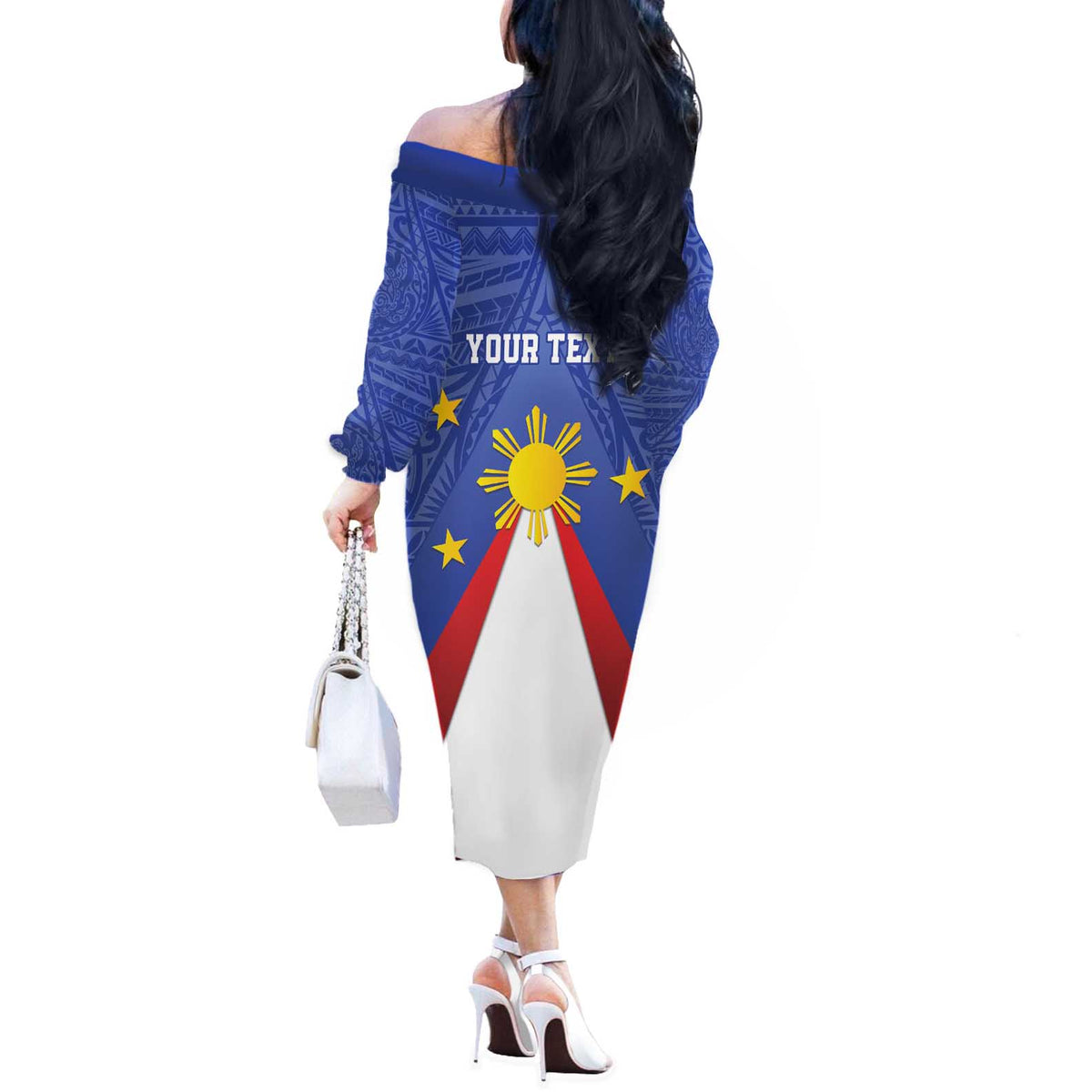 Personalized Pilipinas Eight-Rayed Sun Off The Shoulder Long Sleeve Dress Philippines Map With Polynesian Style