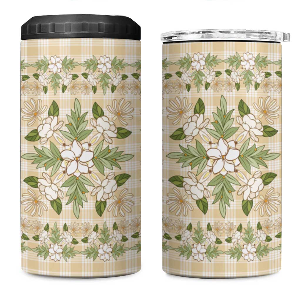 Squares Maile Leaf 4 in 1 Can Cooler Tumbler Beige Palaka Hawaiian Quilt Pattern - Polynesian Pride