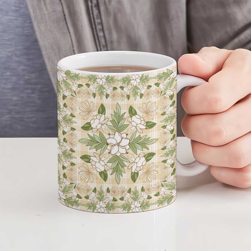 Squares Maile Leaf Ceramic Mug Beige Palaka Hawaiian Quilt Pattern - Polynesian Pride
