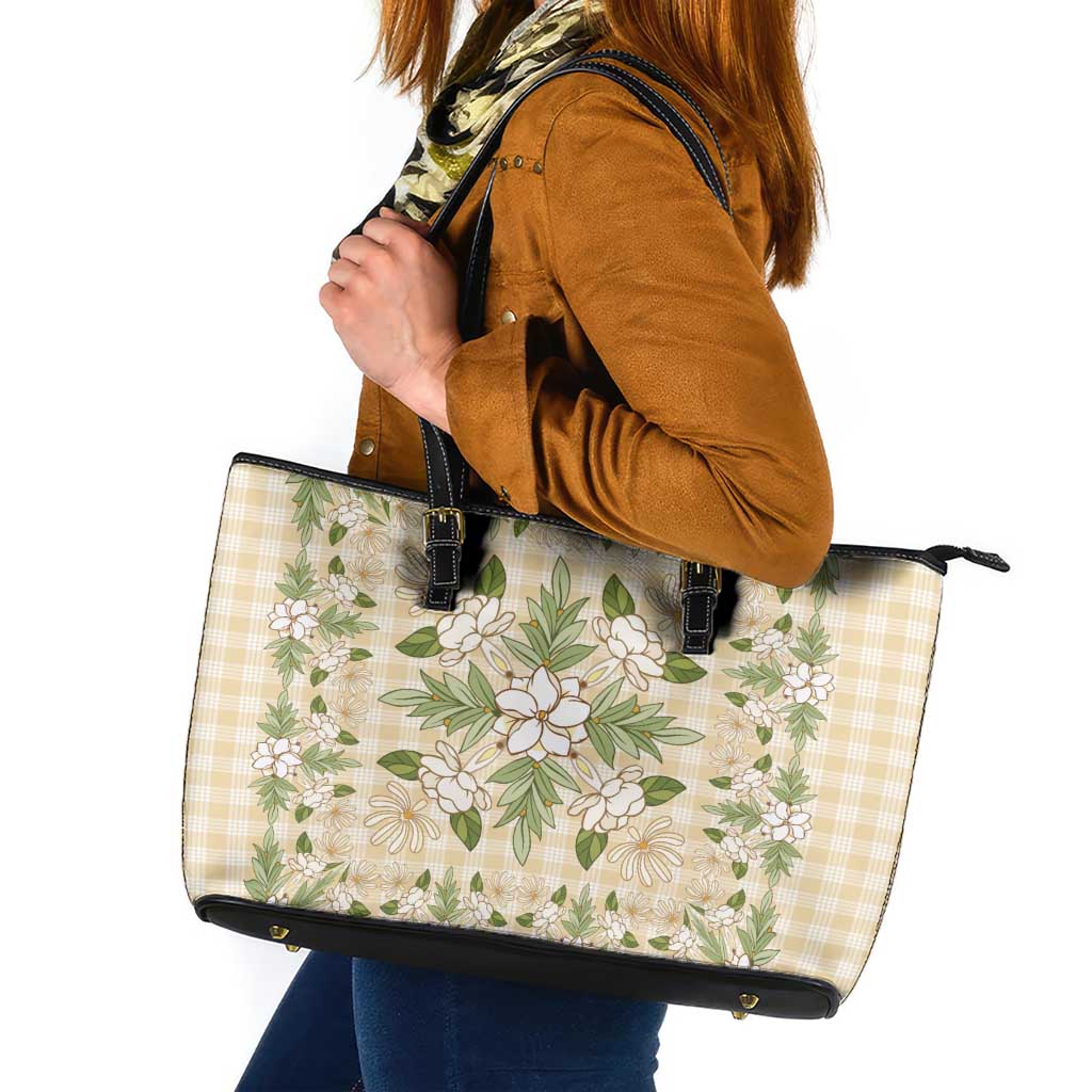 Squares Maile Leaf Leather Tote Bag Beige Palaka Hawaiian Quilt Pattern - Polynesian Pride