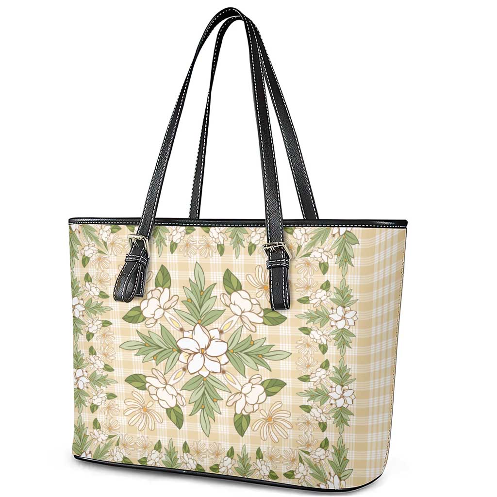Squares Maile Leaf Leather Tote Bag Beige Palaka Hawaiian Quilt Pattern - Polynesian Pride