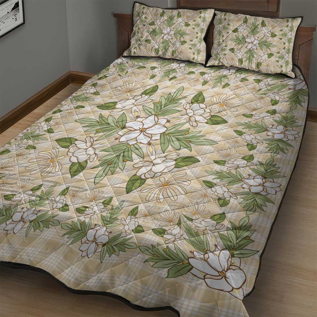 Squares Maile Leaf Quilt Bed Set Beige Palaka Hawaiian Quilt Pattern - Polynesian Pride