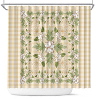 Squares Maile Leaf Shower Curtain Beige Palaka Hawaiian Quilt Pattern - Polynesian Pride