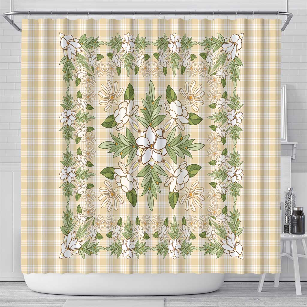 Squares Maile Leaf Shower Curtain Beige Palaka Hawaiian Quilt Pattern - Polynesian Pride