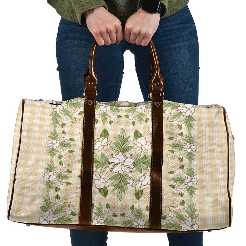 Squares Maile Leaf Travel Bag Beige Palaka Hawaiian Quilt Pattern - Polynesian Pride