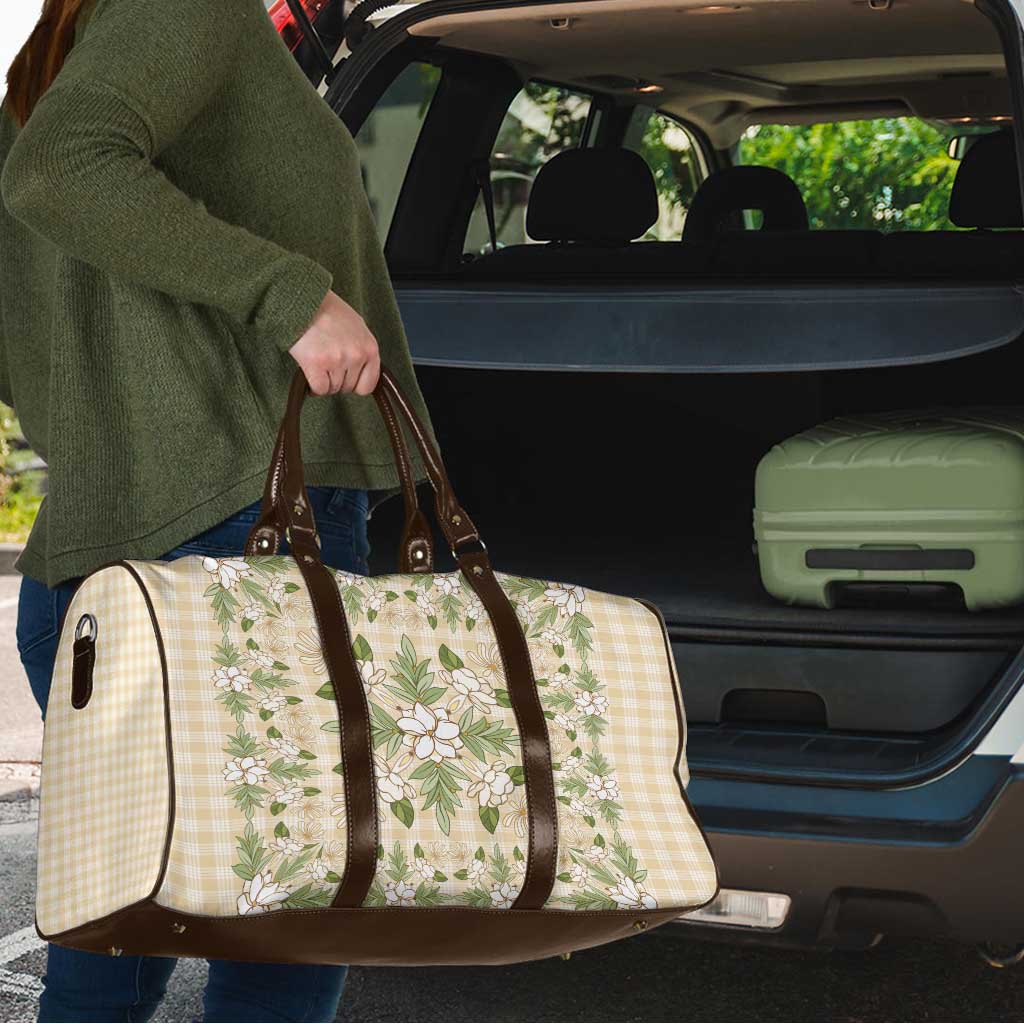 Squares Maile Leaf Travel Bag Beige Palaka Hawaiian Quilt Pattern - Polynesian Pride