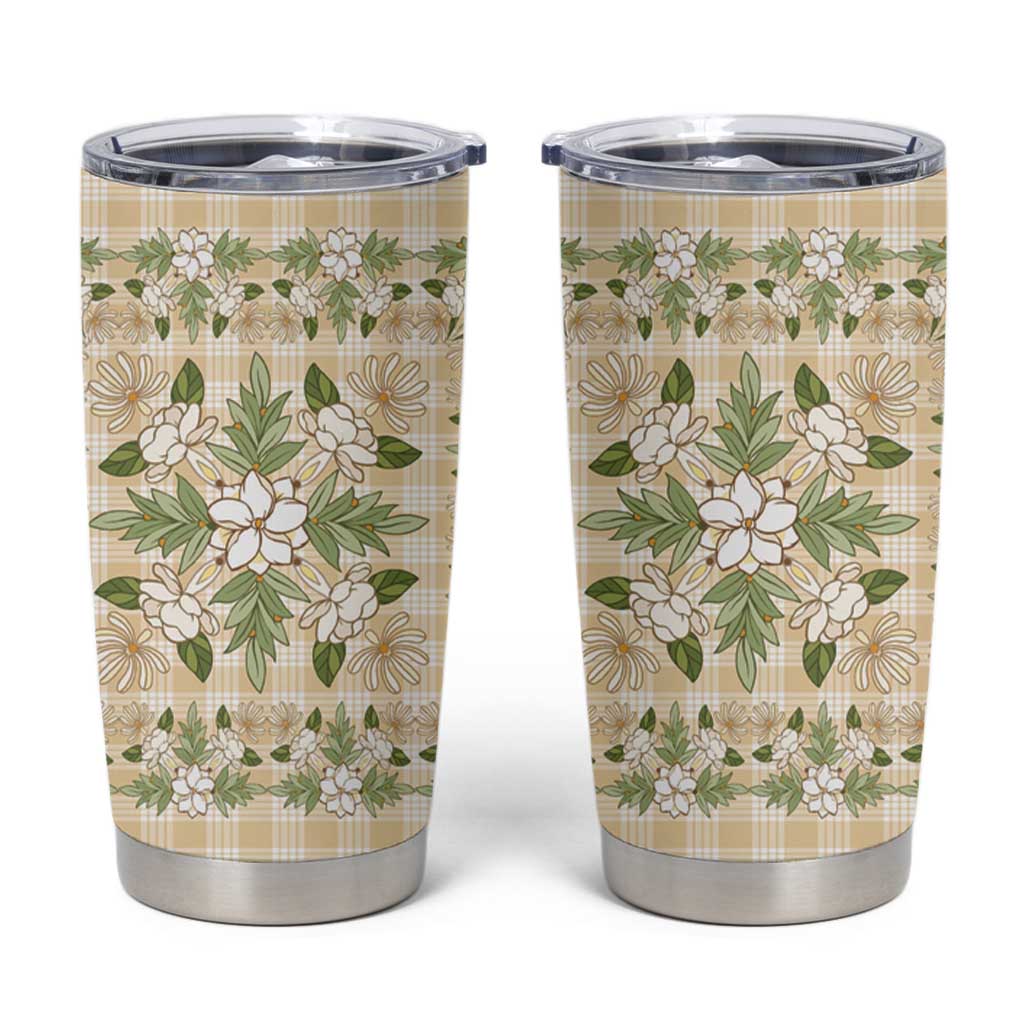 Squares Maile Leaf Tumbler Cup Beige Palaka Hawaiian Quilt Pattern - Polynesian Pride