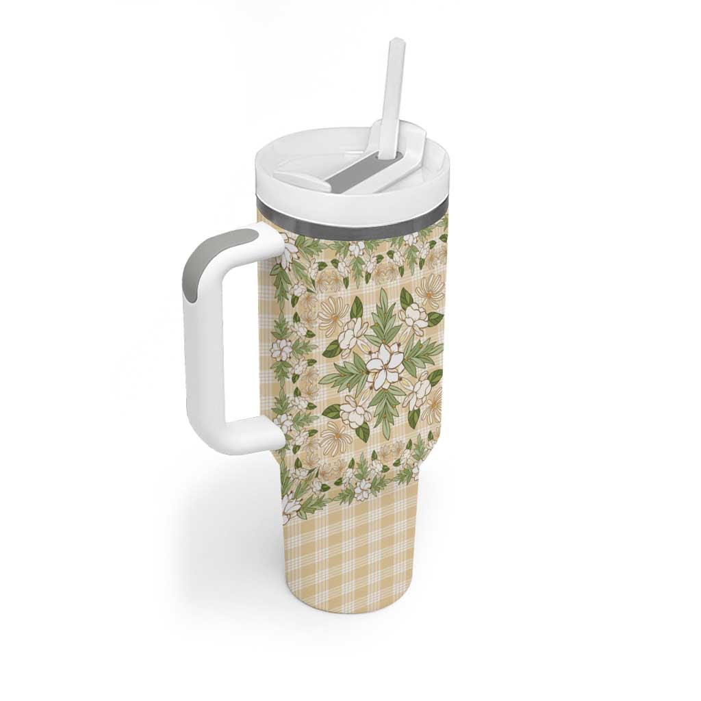 Squares Maile Leaf Tumbler With Handle Beige Palaka Hawaiian Quilt Pattern - Polynesian Pride
