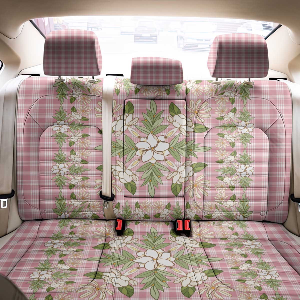 Squares Maile Leaf Back Car Seat Cover Pink Palaka Hawaiian Quilt Pattern - Polynesian Pride