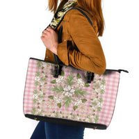 Squares Maile Leaf Leather Tote Bag Pink Palaka Hawaiian Quilt Pattern - Polynesian Pride