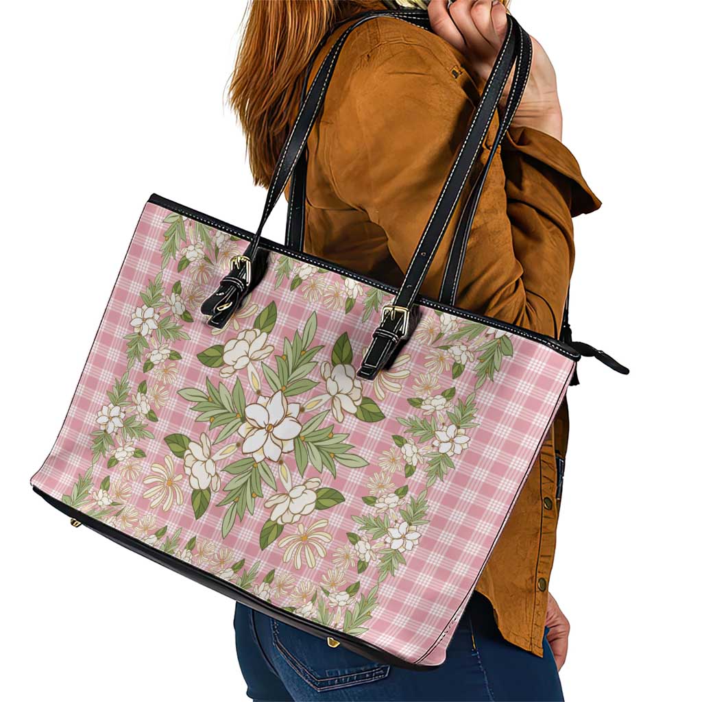 Squares Maile Leaf Leather Tote Bag Pink Palaka Hawaiian Quilt Pattern - Polynesian Pride
