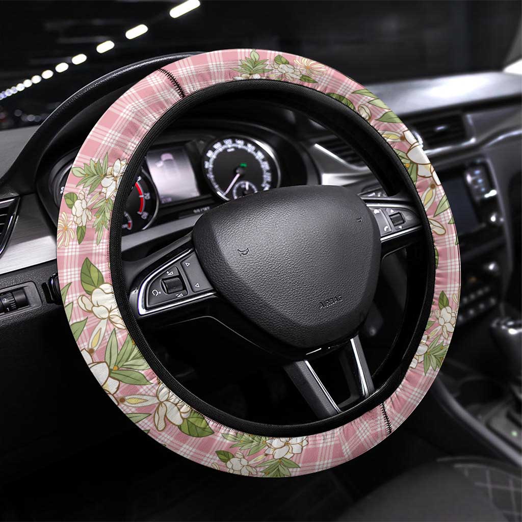 Squares Maile Leaf Steering Wheel Cover Pink Palaka Hawaiian Quilt Pattern - Polynesian Pride