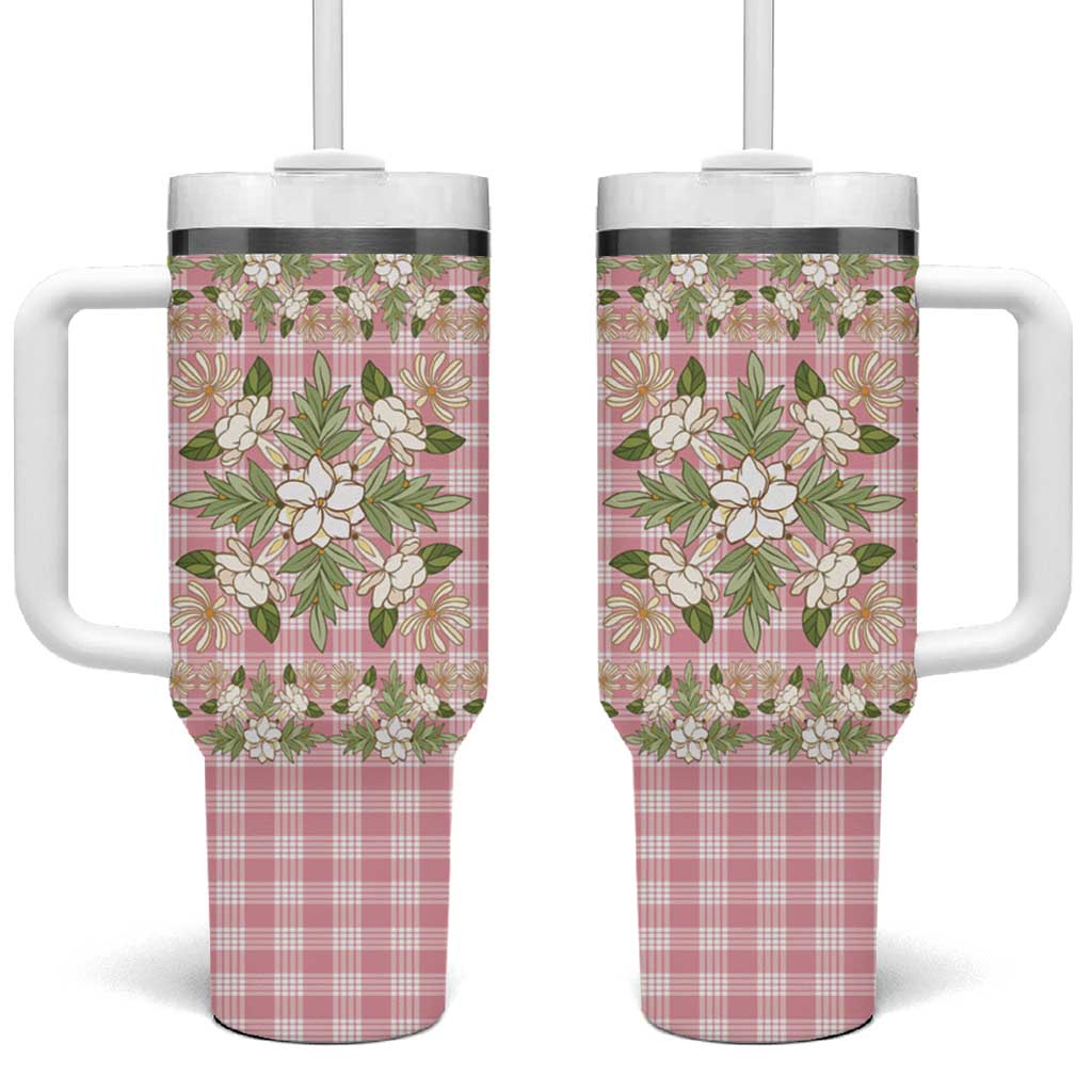 Squares Maile Leaf Tumbler With Handle Pink Palaka Hawaiian Quilt Pattern - Polynesian Pride