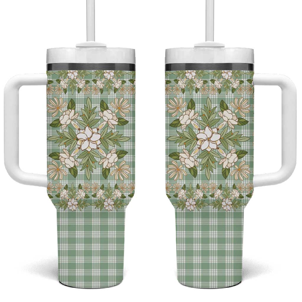 Squares Maile Leaf Tumbler With Handle Turquoise Palaka Hawaiian Quilt Pattern - Polynesian Pride