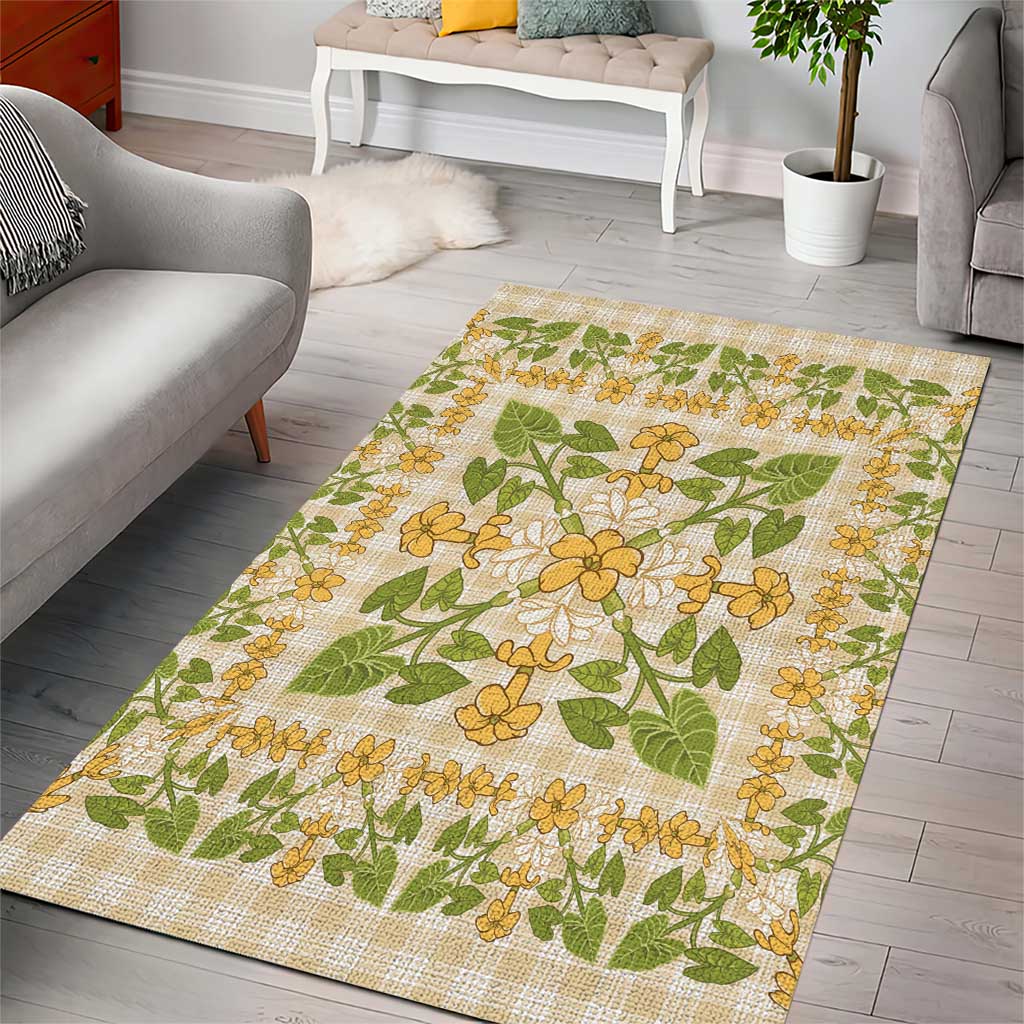 Squares Puakenikeni and Kalo Area Rug Beige Palaka Hawaiian Quilt Pattern - Polynesian Pride