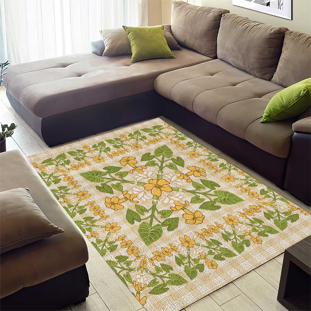 Squares Puakenikeni and Kalo Area Rug Beige Palaka Hawaiian Quilt Pattern - Polynesian Pride