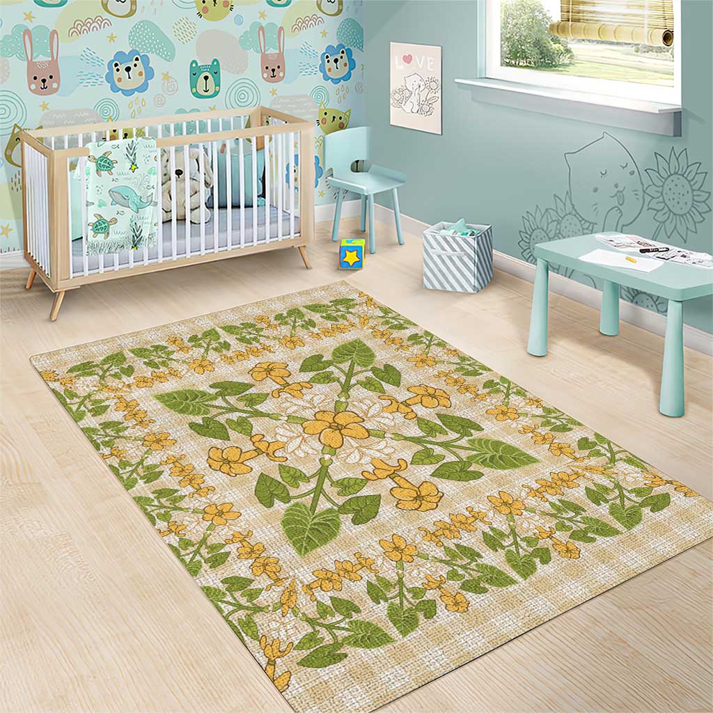 Squares Puakenikeni and Kalo Area Rug Beige Palaka Hawaiian Quilt Pattern - Polynesian Pride