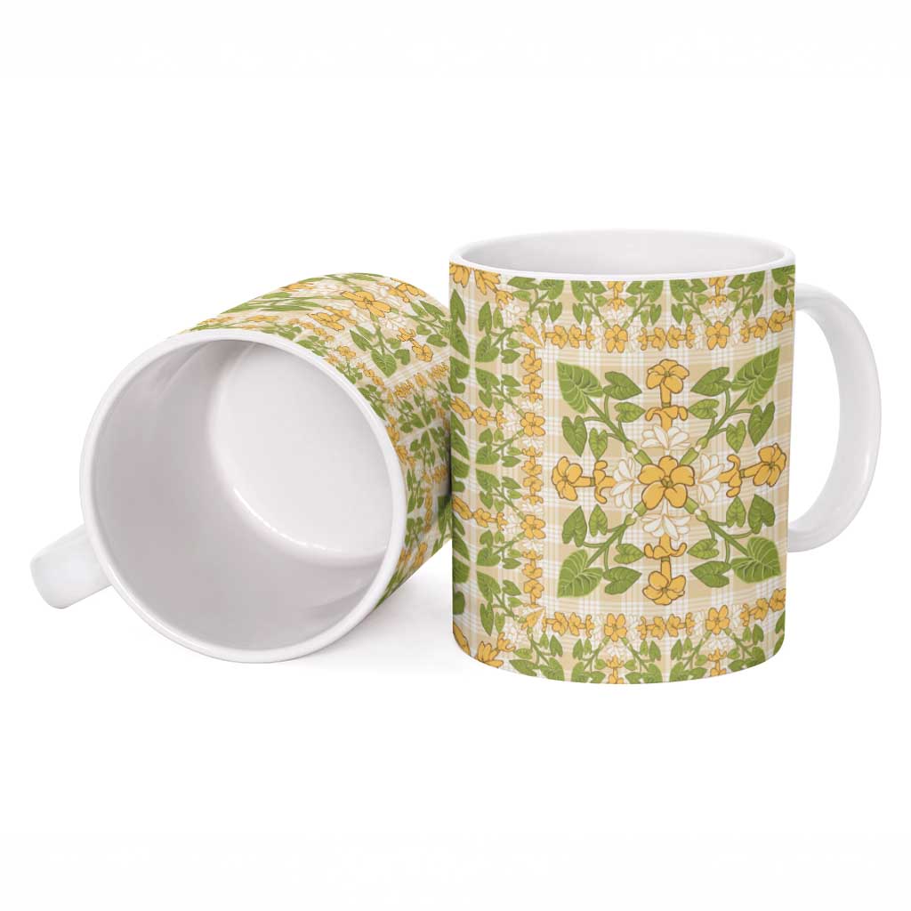 Squares Puakenikeni and Kalo Ceramic Mug Beige Palaka Hawaiian Quilt Pattern - Polynesian Pride