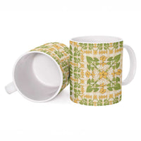 Squares Puakenikeni and Kalo Ceramic Mug Beige Palaka Hawaiian Quilt Pattern - Polynesian Pride