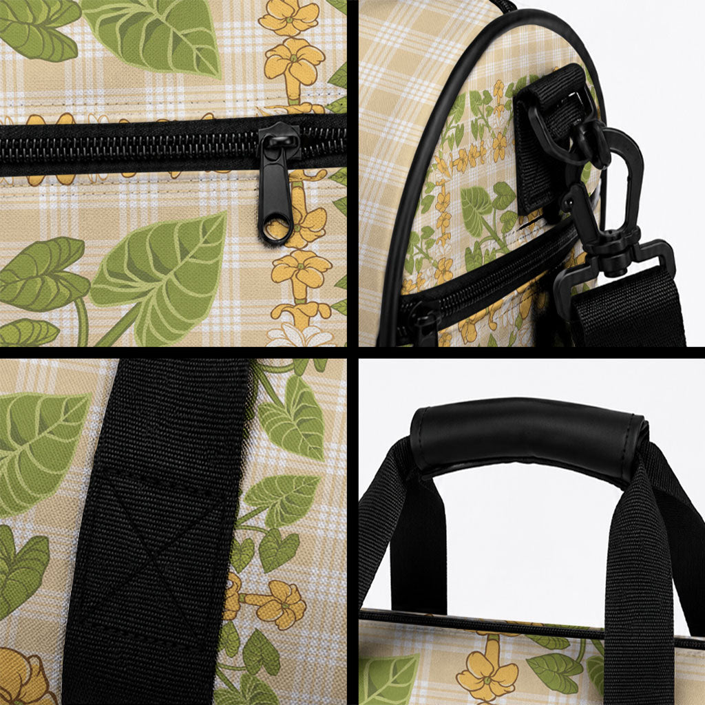 Squares Puakenikeni and Kalo Duffle Bag Beige Palaka Hawaiian Quilt Pattern LT9 - Polynesian Pride