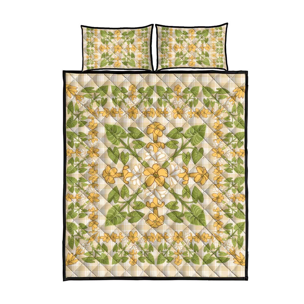 Squares Puakenikeni and Kalo Quilt Bed Set Beige Palaka Hawaiian Quilt Pattern - Polynesian Pride