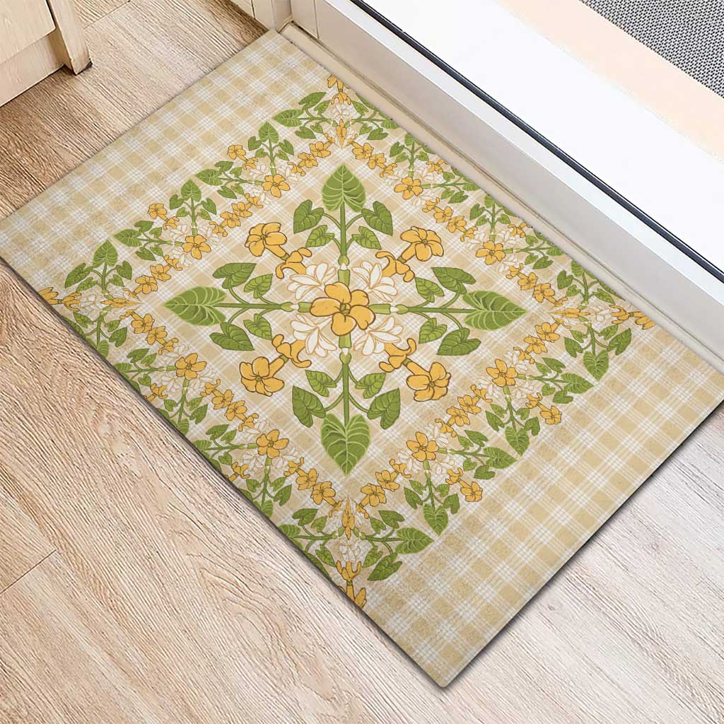 Squares Puakenikeni and Kalo Rubber Doormat Beige Palaka Hawaiian Quilt Pattern - Polynesian Pride