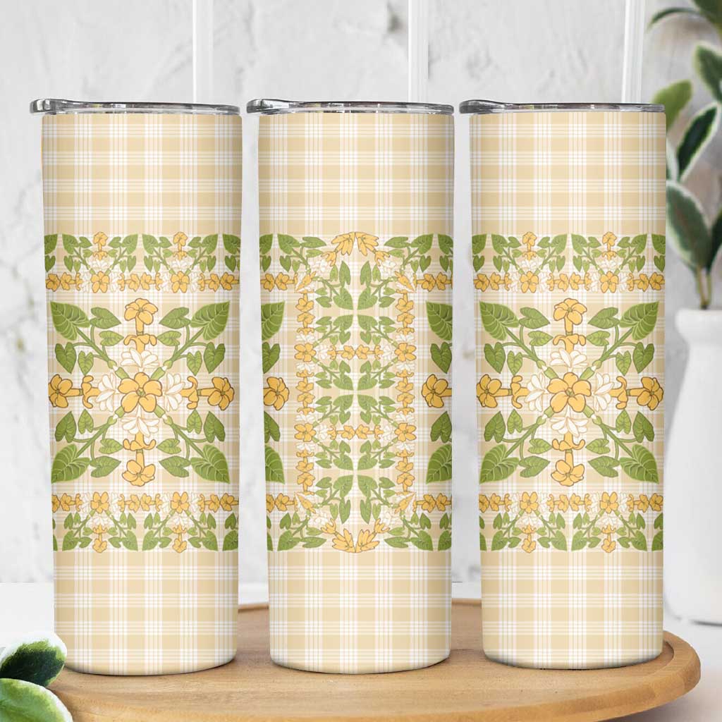 Squares Puakenikeni and Kalo Skinny Tumbler Beige Palaka Hawaiian Quilt Pattern - Polynesian Pride